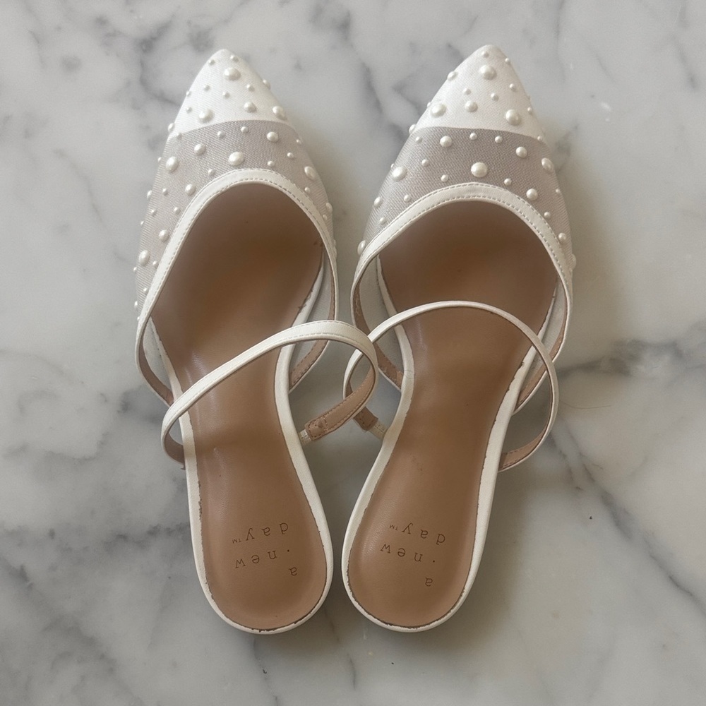 a new day White Pearl-Studded Pointed-Toe Mules